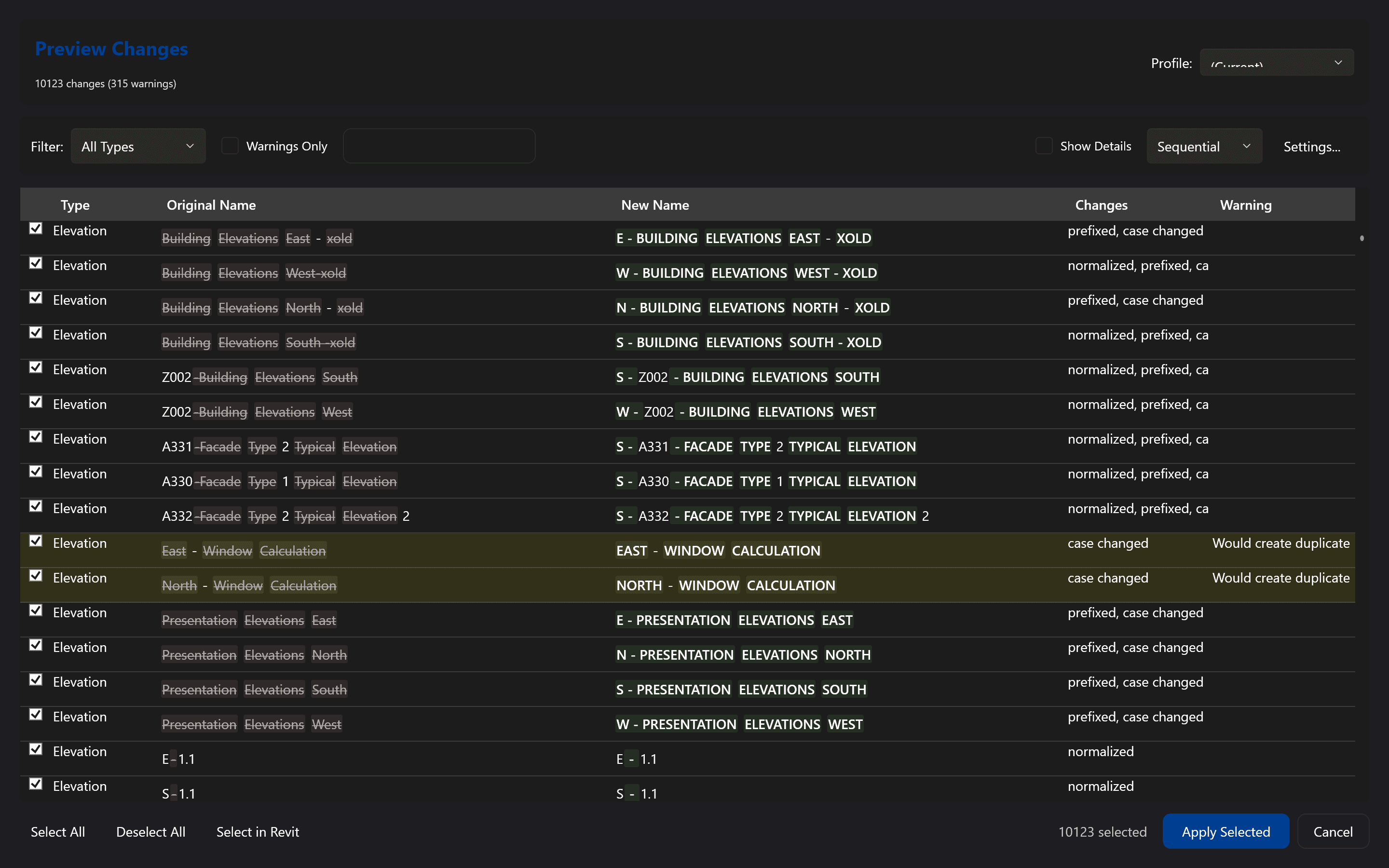 Conform Names preview of view and sheet renames before commit