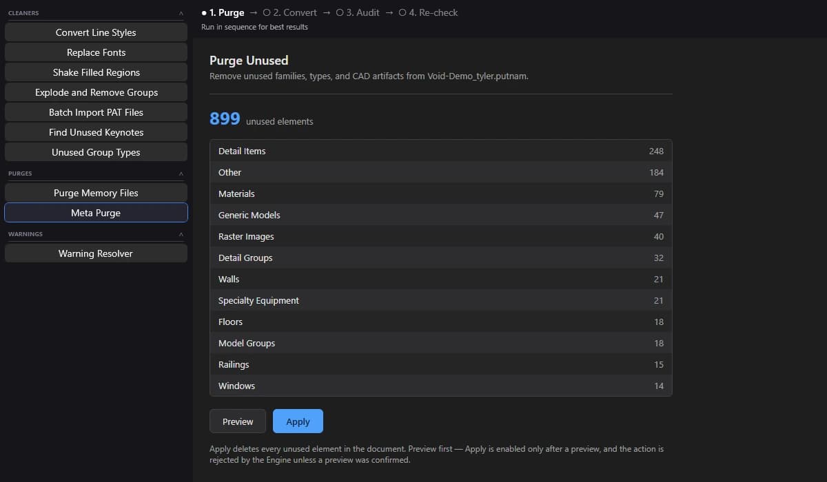 Pyvoid Cleanup Studio listing 899 unused elements by category, ready to purge with a preview-first safeguard